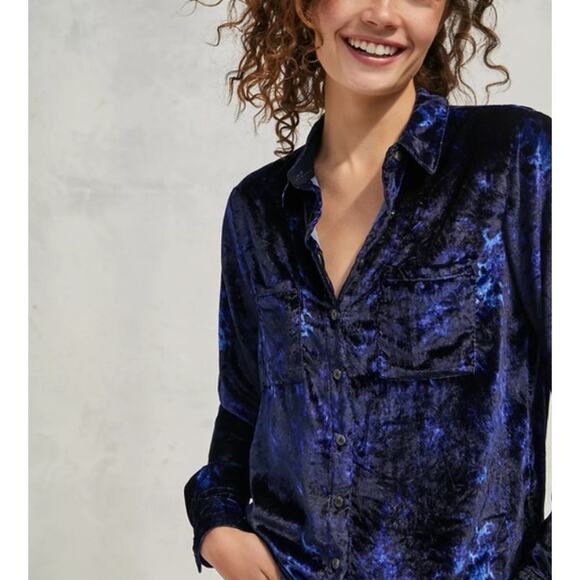 Anthropologie Pilcro Mara Velvet Long Sleeve Button Up Shirt Blue 0 - Picture 3 of 12